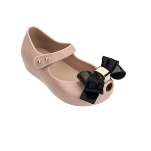 Mini Melissa Ultragirl Sweet V Beige & Black Baby Girls Shoes Size 5 With Bow